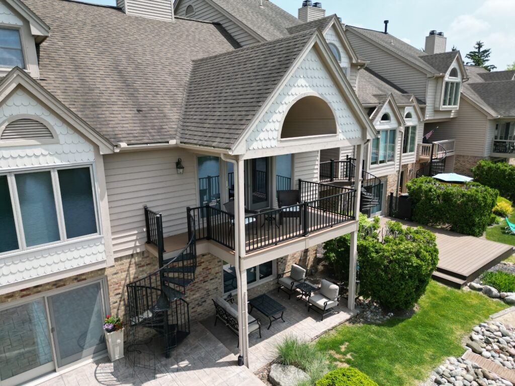 trex composite second story deck with spiral stairs