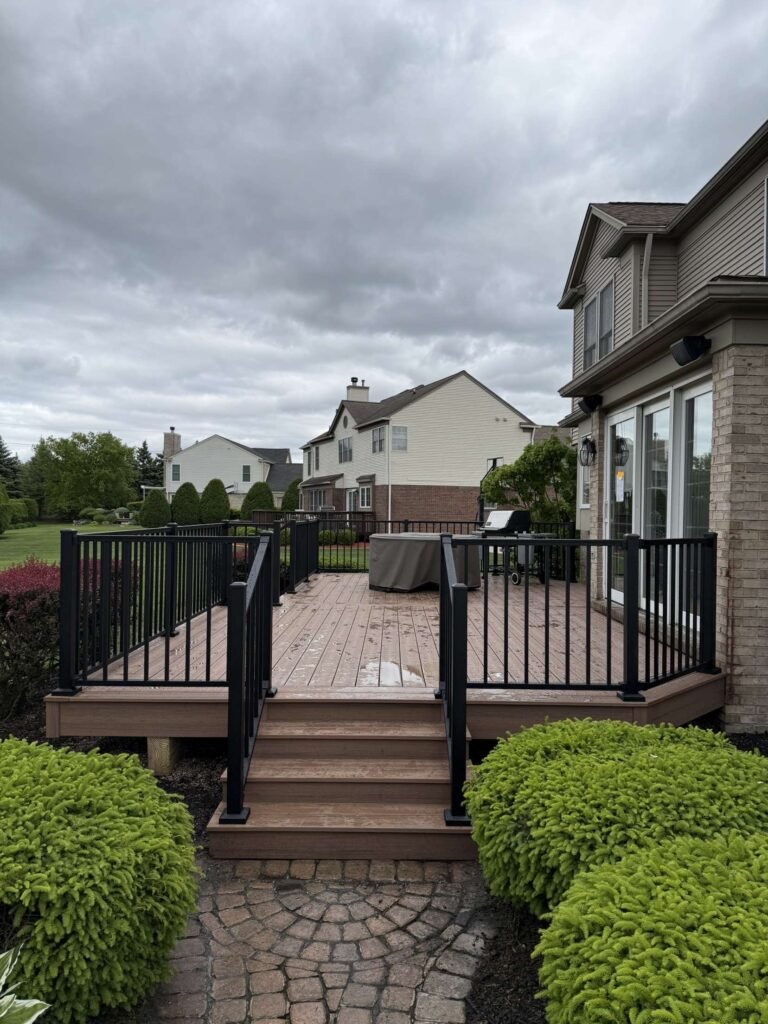 custom trex transcend spiced rum composite deck with signature aluminum deck railing