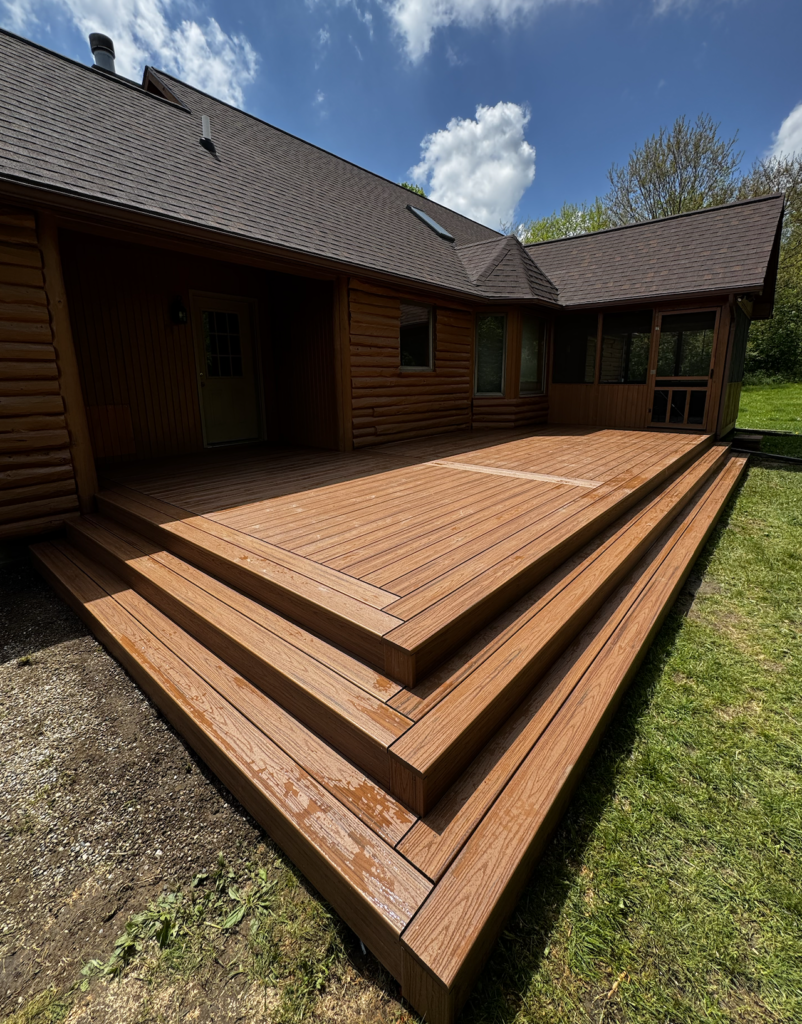 custom composite trex transcend tiki torch deck with wrap around waterfall stairs built on log cabin