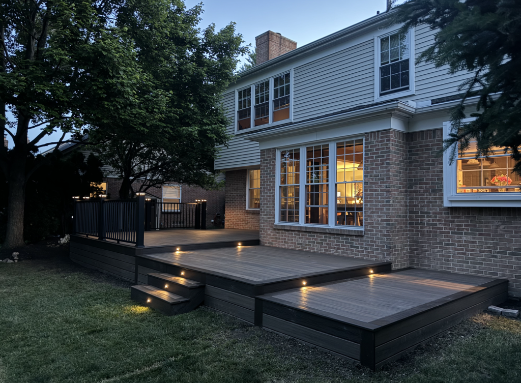 three-level trex deck with deck lighting