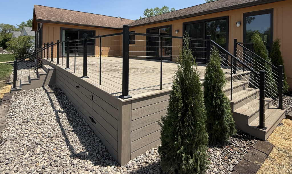 deckorators composite deck with cable railing and skirting featured in PGA tour commercials